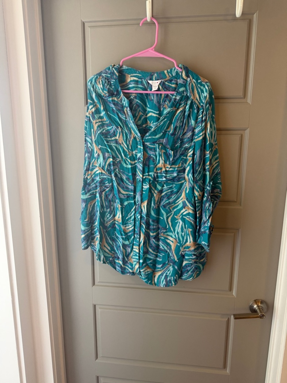 intro. Teal, Navy, and Cream Abstract Button-Down Shirt